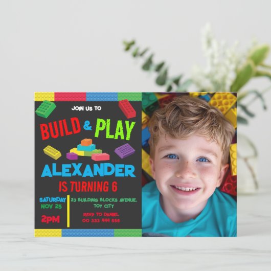 建物ブロックボーイ誕生日おもちゃ写真第7日8日 招待状 (スタンド正面)