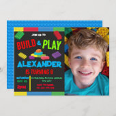 建物ブロックボーイ誕生日おもちゃ写真第7日8日 招待状 (正面/裏面)