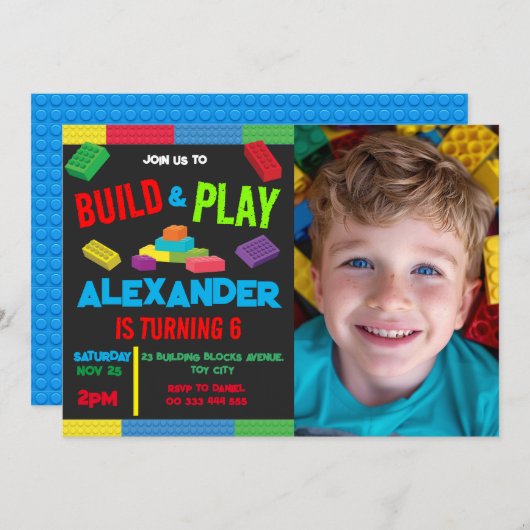 建物ブロックボーイ誕生日おもちゃ写真第7日8日 招待状 (正面/裏面)