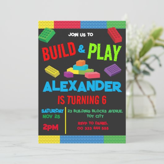 建物ブロックボーイ誕生日トイブラック 招待状 (スタンド正面)