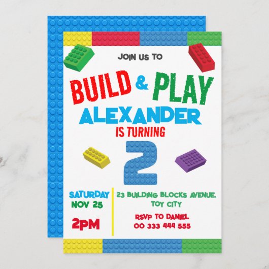 建物ブロックボーイ2nd誕生日おもちゃ 招待状 (正面/裏面)