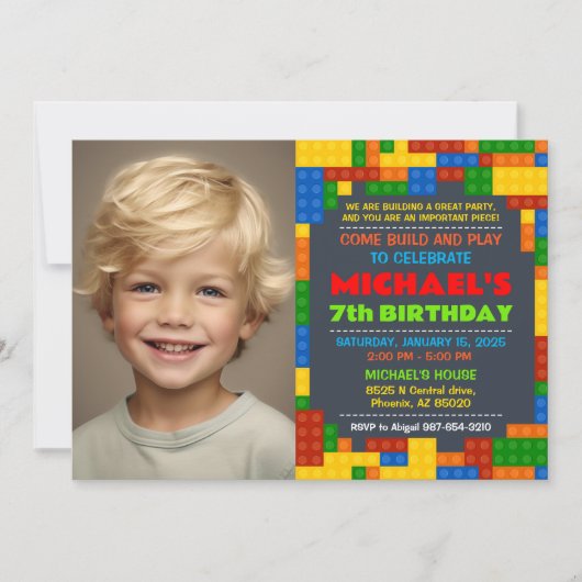 建物ブロック誕生日パーティーの写真の招待 招待状 (正面)
