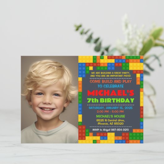 建物ブロック誕生日パーティーの写真の招待 招待状 (スタンド正面)