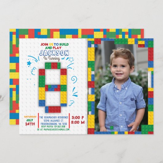 建物ブロック誕生日ブリック8年招待状 招待状 (正面/裏面)