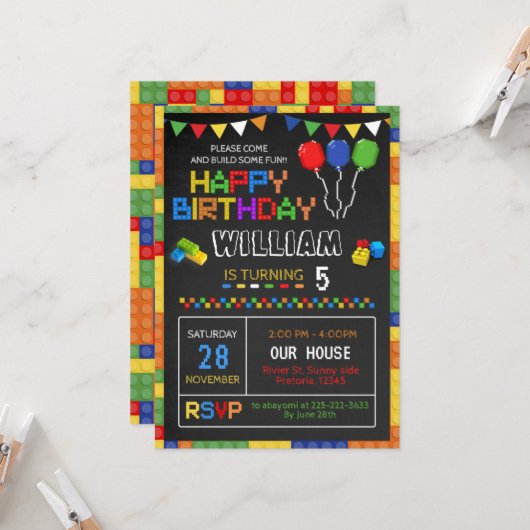 建物ブロック誕生日招待状、パズル招待状 招待状 (正面/裏面インサイチュ)