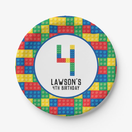建物ブロック4th誕生日紙プレート ペーパープレート (正面)