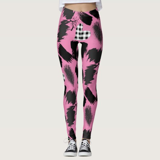 建物ブロック。白黒.w.01x4ピンクBG レギンス (正面)