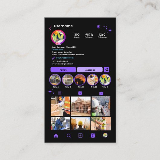 建物建築インスタグラムパープル | QRコード 名刺 (正面)