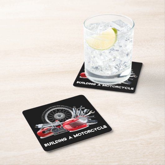 建物aオートバイとパーツスケッチ スクエアペーパーコースター (インサイチュ)