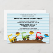 建築のダンプトラックの男の子の誕生会の招待 招待状 (正面/裏面)