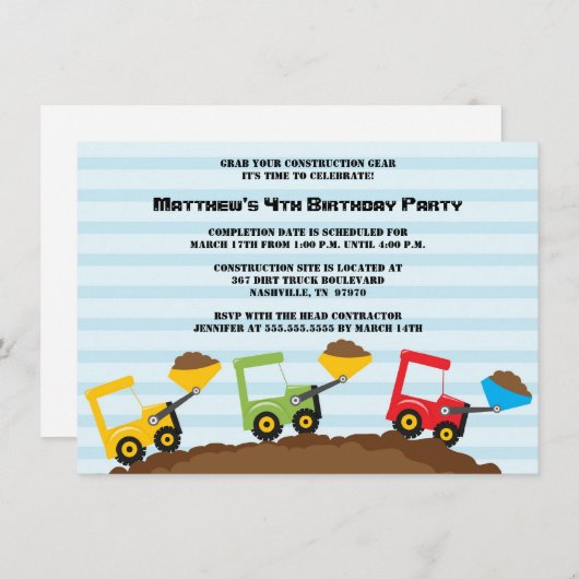建築のダンプトラックの男の子の誕生会の招待 招待状 (正面/裏面)