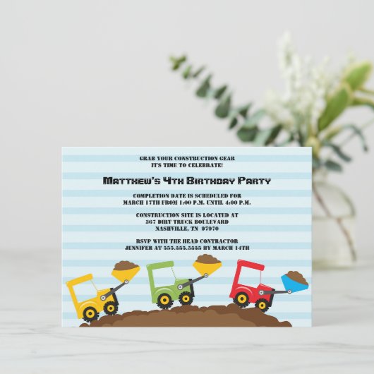 建築のダンプトラックの男の子の誕生会の招待 招待状 (スタンド正面)