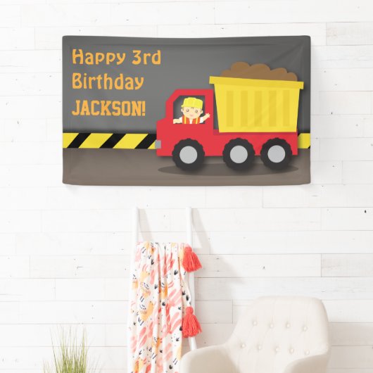 建築のダンプトラックの男の子の誕生会の旗 横断幕 (インサイチュ)