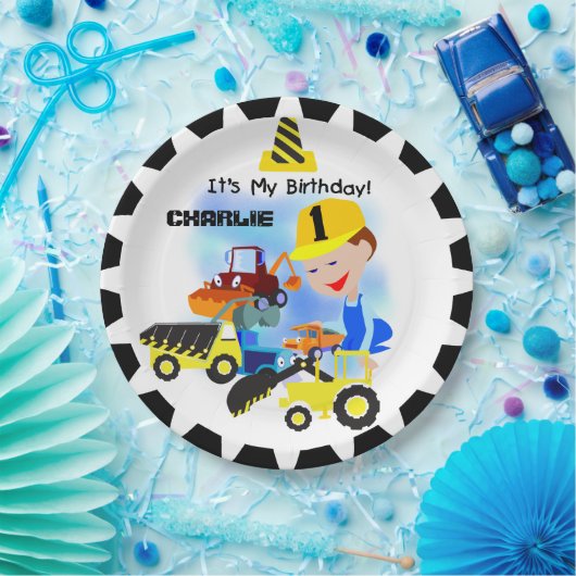 建築のトラックの第1誕生日の紙皿 ペーパープレート (パーティー)