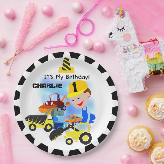 建築のトラックの第1誕生日の紙皿 ペーパープレート (パーティー)
