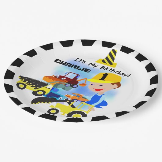 建築のトラックの第1誕生日の紙皿 ペーパープレート (アングル)