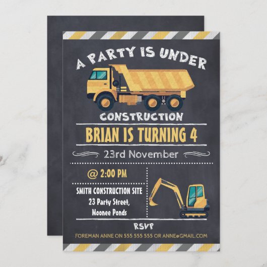 建築のトラックの黒板の誕生日の招待状 招待状 (正面/裏面)