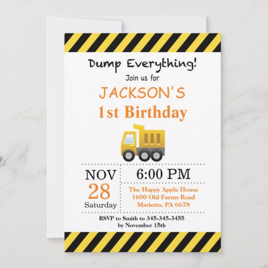 建築の誕生日のダンプトラックの招待状 招待状 (正面)