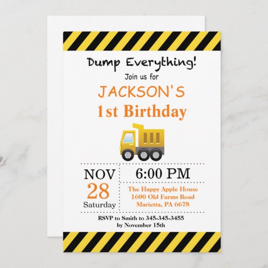 建築の誕生日のダンプトラックの招待状 招待状 (正面/裏面)