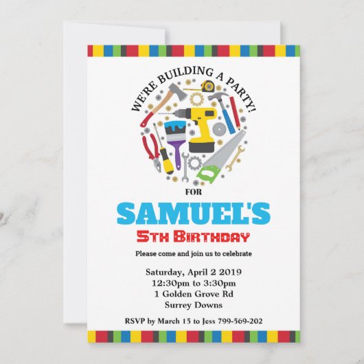 建築の誕生日の招待状用具のパーティーの男の子 招待状 (正面)