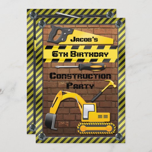 建築の誕生日パーティーのツールとダイガー 招待状 (正面/裏面)