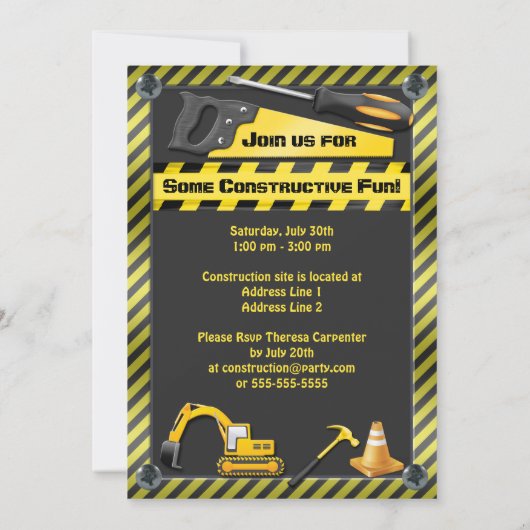 建築の誕生日パーティーのツールとダイガー 招待状 (裏面)
