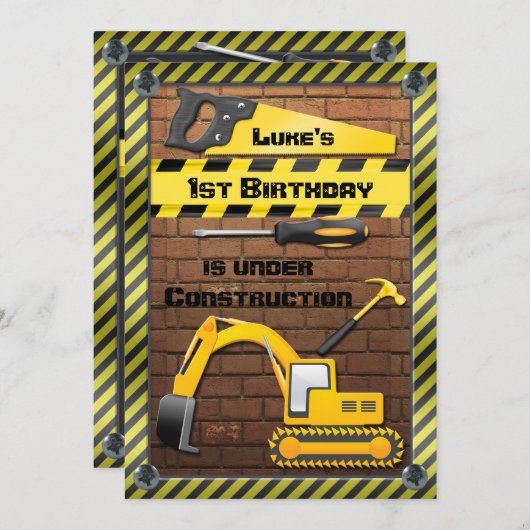 建築の誕生日パーティーのツールとダイガー 招待状 (正面/裏面)