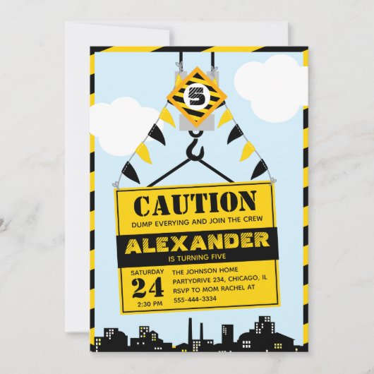 建築の警告サイン男の子バースデーパーティー 招待状 (正面)