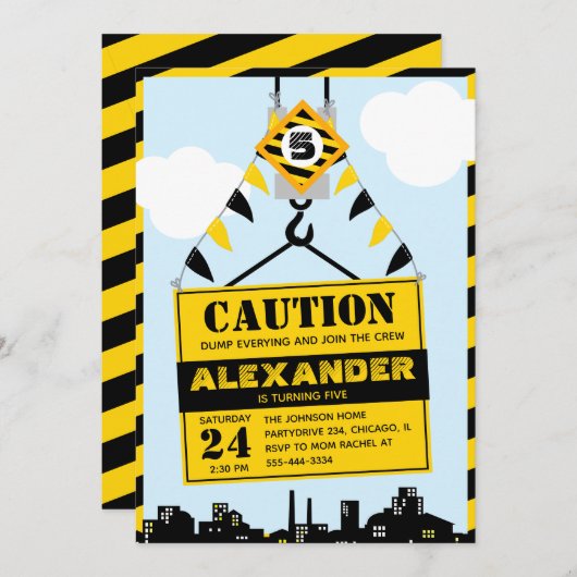 建築の警告サイン男の子バースデーパーティー 招待状 (正面/裏面)