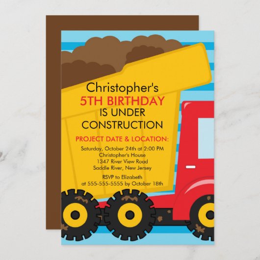 建築は男の子のための誕生会をトラックで運びます 招待状 (正面/裏面)