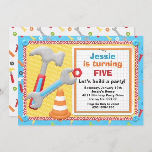 建築は誕生日のパーティの招待状に用具を使います 招待状 (正面/裏面)