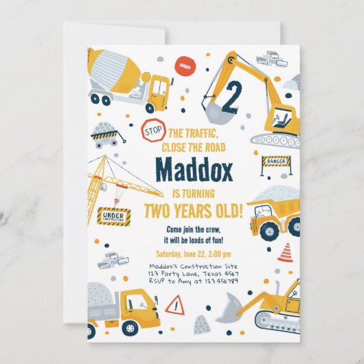 建築イエローダンプトラックディガーボーイ誕生日 招待状 (正面)