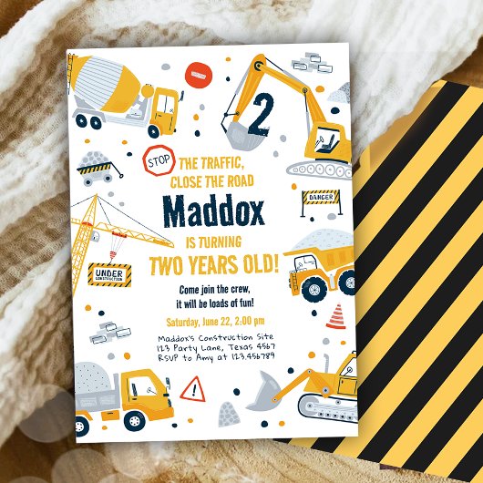 建築イエローダンプトラックディガーボーイ誕生日 招待状