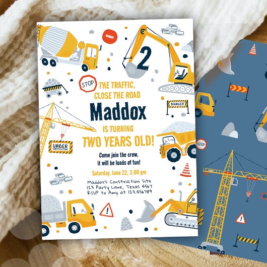 建築イエローダンプトラックディガーボーイ誕生日 招待状