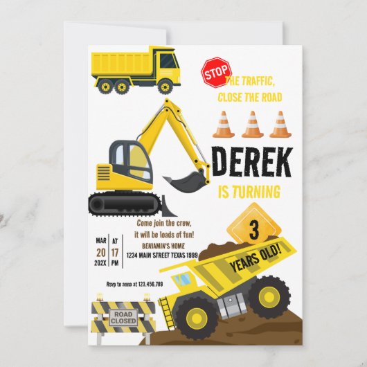 建築イエローダンプトラックディガーボーイ誕生日 招待状 (正面)