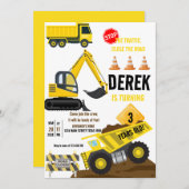 建築イエローダンプトラックディガーボーイ誕生日 招待状 (正面/裏面)