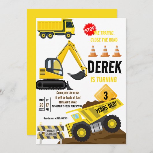 建築イエローダンプトラックディガーボーイ誕生日 招待状 (正面/裏面)