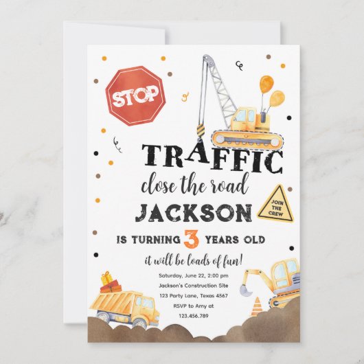 建築イエローダンプトラックボーイ誕生日 招待状 (正面)