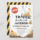 建築イエローダンプトラックボーイ誕生日 招待状 (正面/裏面)