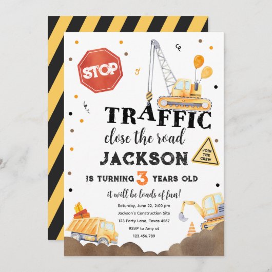 建築イエローダンプトラックボーイ誕生日 招待状 (正面/裏面)