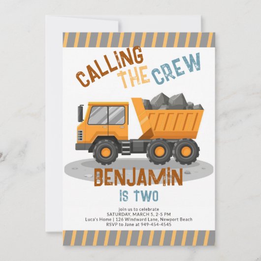 建築クルーのダンプトラックボーイ2nd誕生日 招待状 (正面)