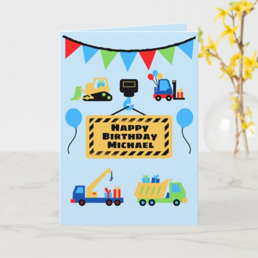 建築クルーカパーソナライズされたウト子供の誕生日 カード (黄色い花)