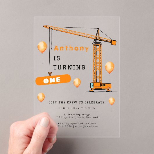 建築クレーンキッズアンドアダルト誕生日 アクリル招待状 (インサイチュ (ポータブル))