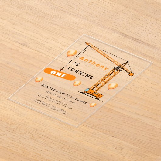 建築クレーンキッズアンドアダルト誕生日 アクリル招待状 (レイダウン)