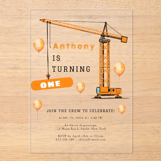 建築クレーンキッズアンドアダルト誕生日 アクリル招待状 (正面)
