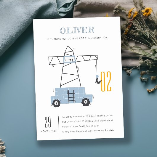 建築クレーンキッズ任意の年齢誕生日招待状 サンキューカード