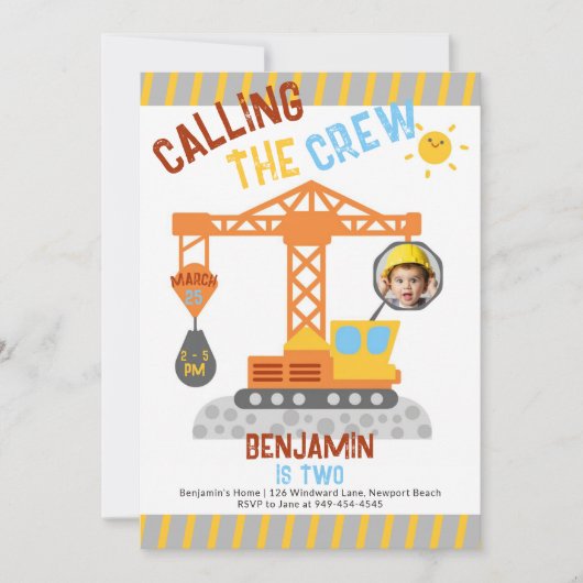 建築クレーンクルー男の子2nd誕生日の写真 招待状 (正面)