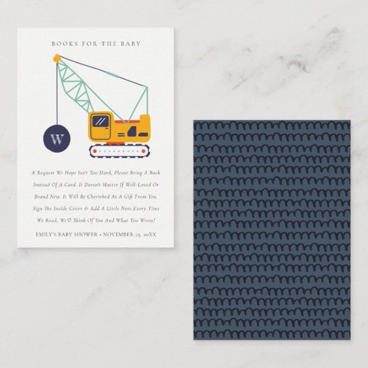 建築クレーン車のベビーシャワー用ブック エンクロージャーカード (正面/裏面)