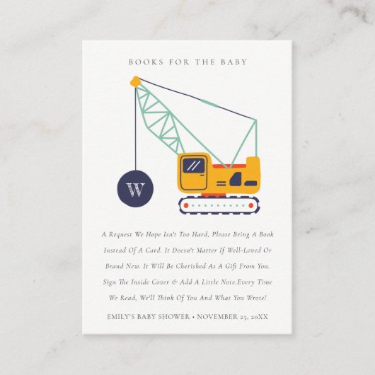 建築クレーン車のベビーシャワー用ブック エンクロージャーカード (正面)