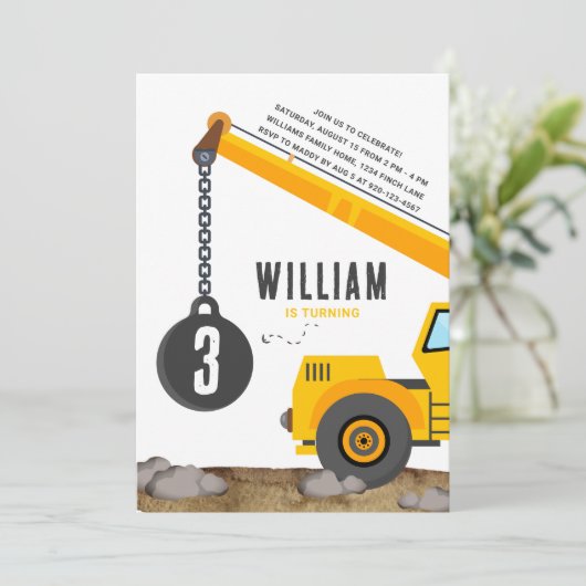 建築クレーン車の誕生日パーティー 招待状 (スタンド正面)